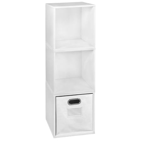 Niche Cubo Storage Organizer Open Bookshelf Set- 3 Cubes 1 Canvas Bin- White Wood Grain/White